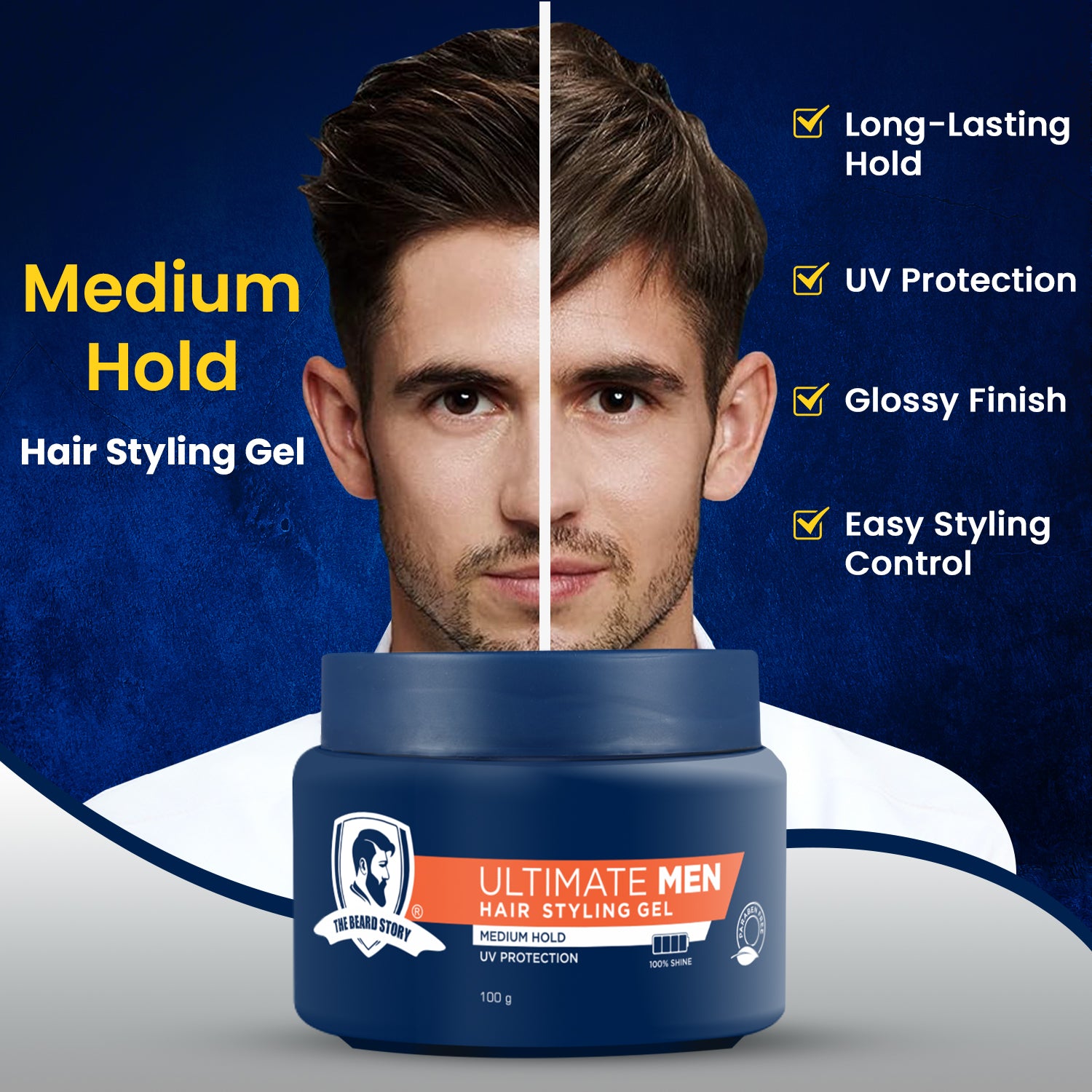 Hair Styling Gel for Men | Medium Hold | UV Protection | Long Lasting Shine | Non Sticky | 100g