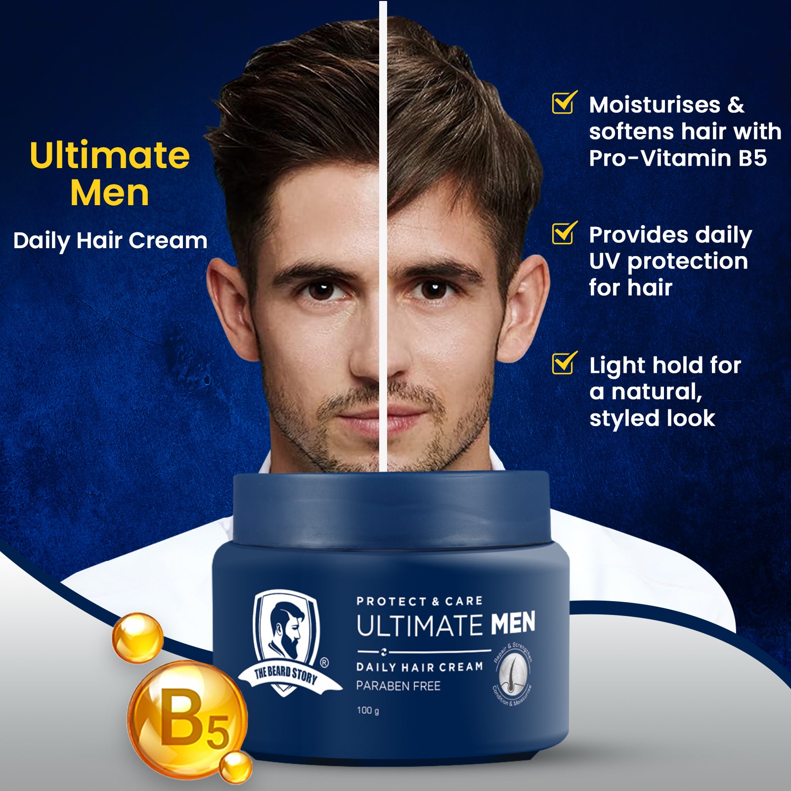 Hair Protect Cream | For Men | For Dry & Rough Hair | UV protection | Vitamin E & Argan Oil | 100gm