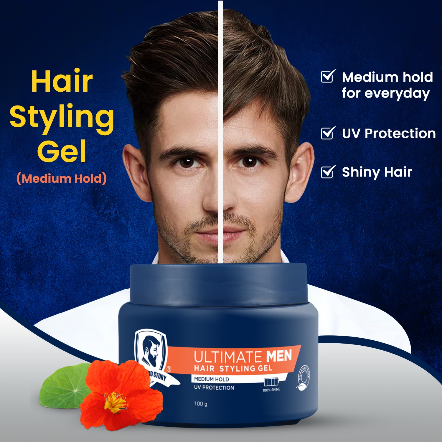 Hair Styling Gel for Men | Medium Hold | UV Protection | Long Lasting Shine | Non Sticky |  100g